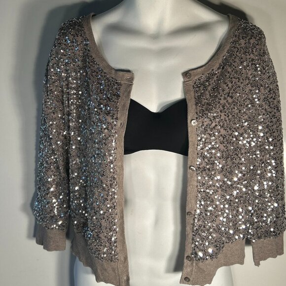 American Eagle SZ L Mocha Sequin Cotton Cardigan Dressy Formal Party Sparkle - Picture 7 of 11